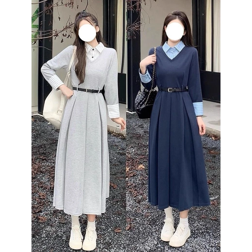 女装高级感学院风入秋穿搭配一整套假两件连衣裙子女秋装新款长裙
