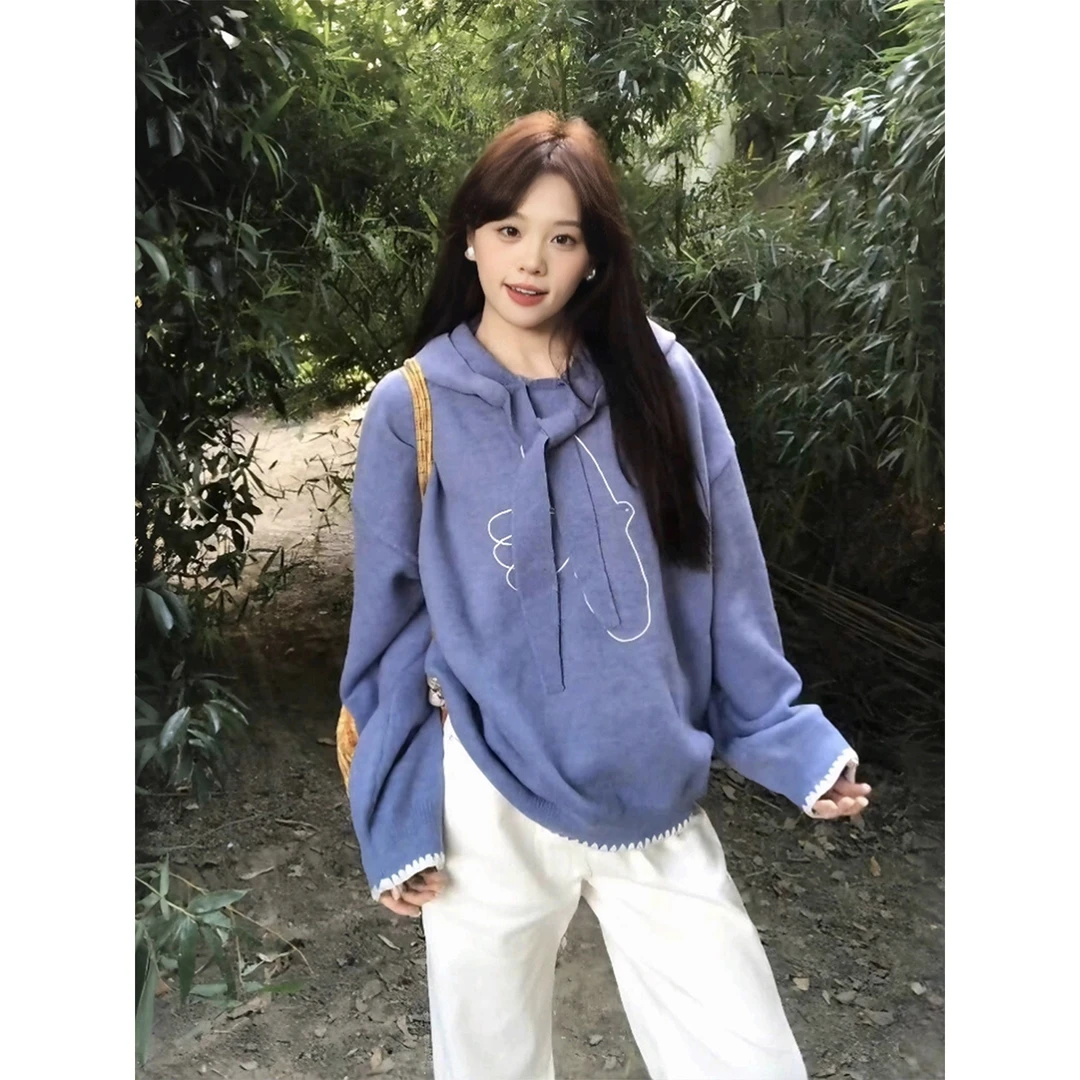 IGHU韩系慵懒蓝色连帽毛衣女2025秋冬季高级感独特别致超好看上衣