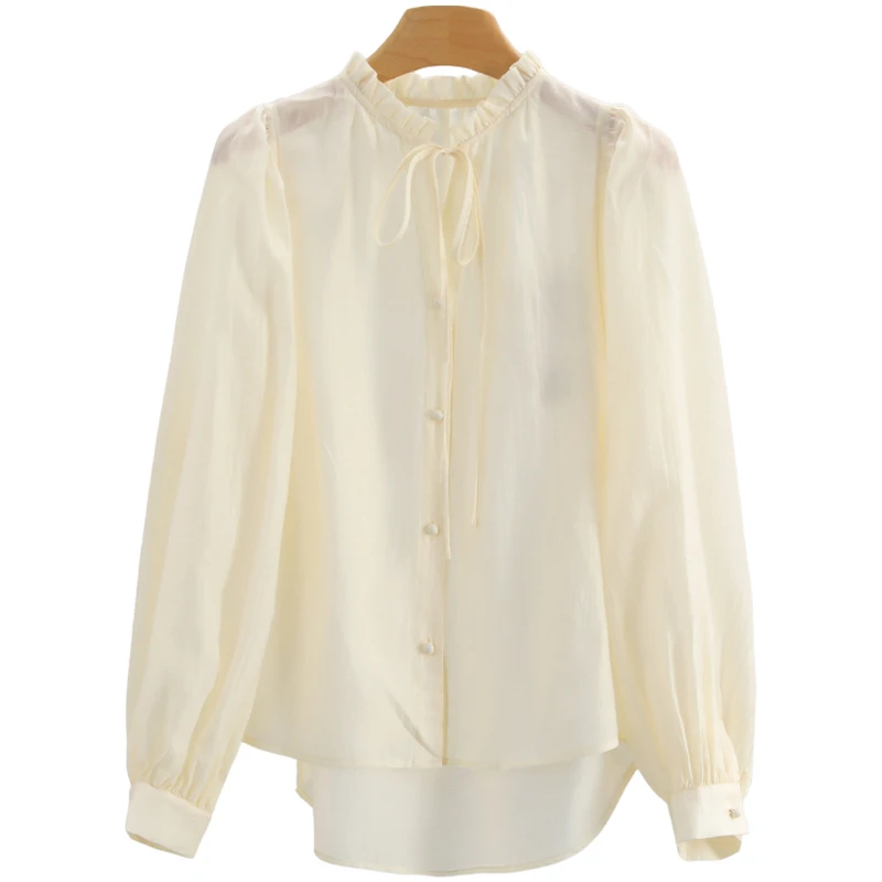 F1168-【蔓】不规则压皱立领系带单排扣衬衫#WMN55S023