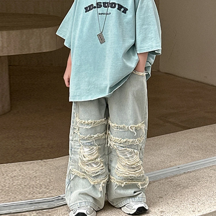 HY2589儿童潮款牛仔裤2025春季新款男童韩版洋气破洞长裤中小童