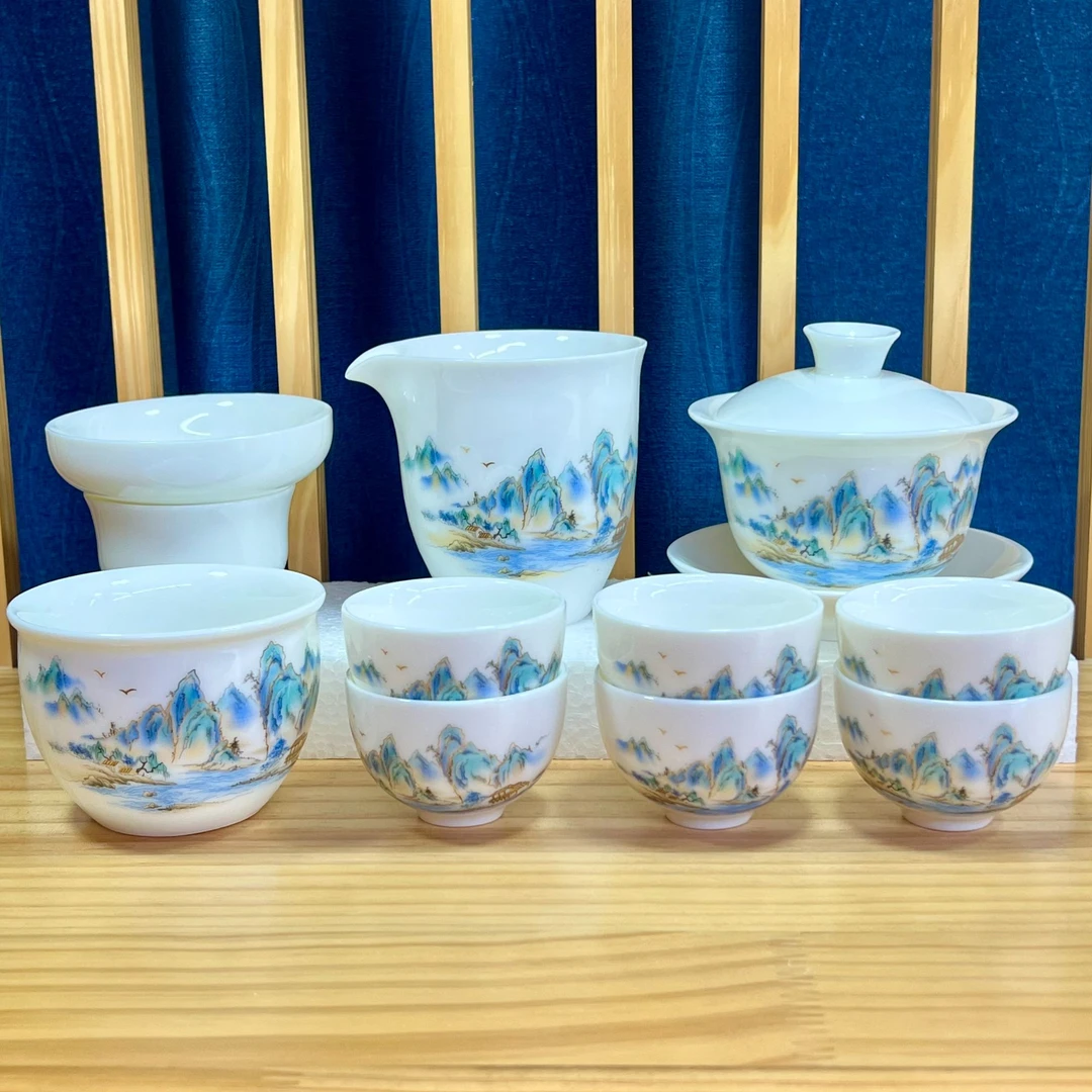 【山上有窑】德化羊脂玉瓷茶具套装纯白嵩山峻岭盖碗功夫茶具套装