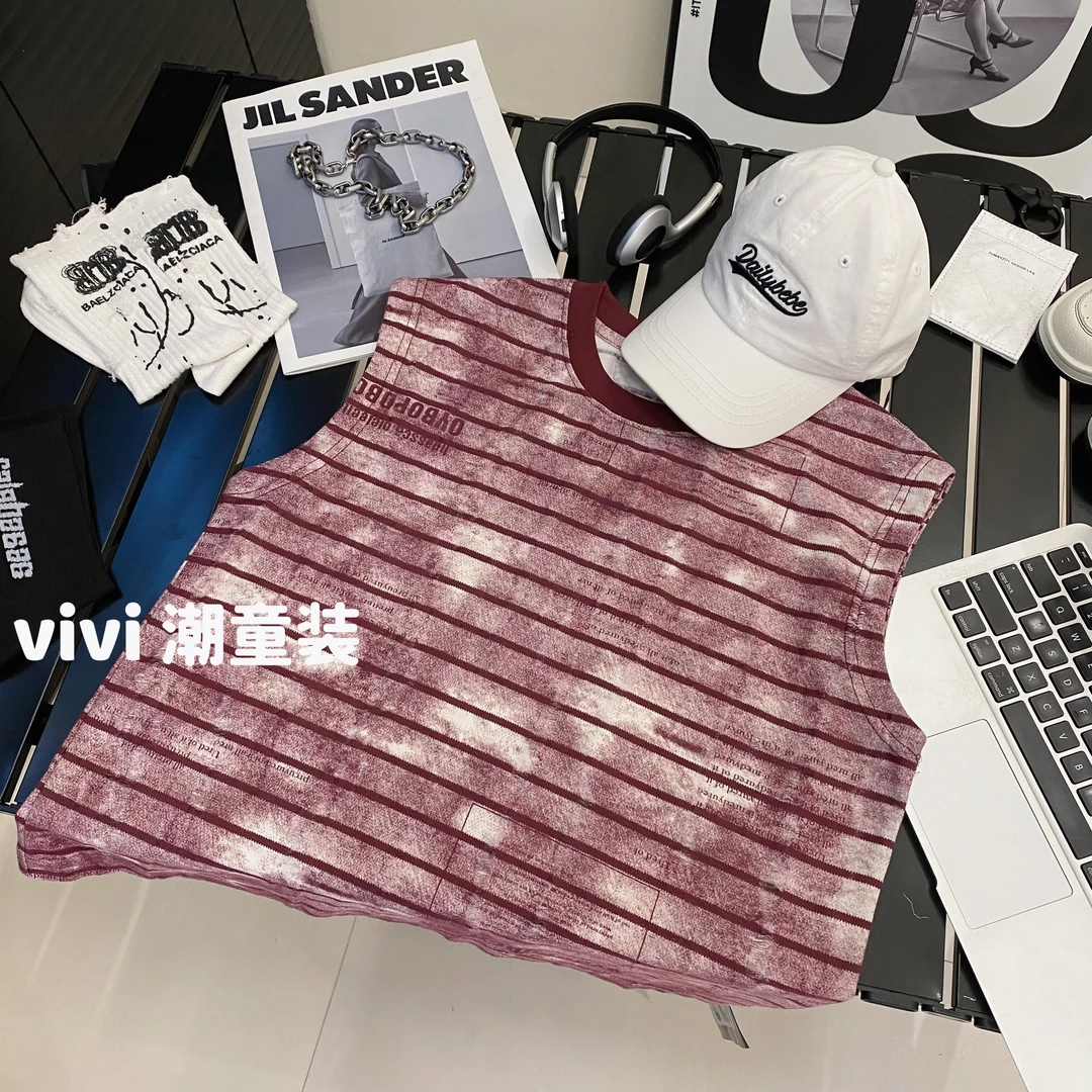 VIVI童装 2025夏季潮牌中大童勃艮第红烧花条纹背心