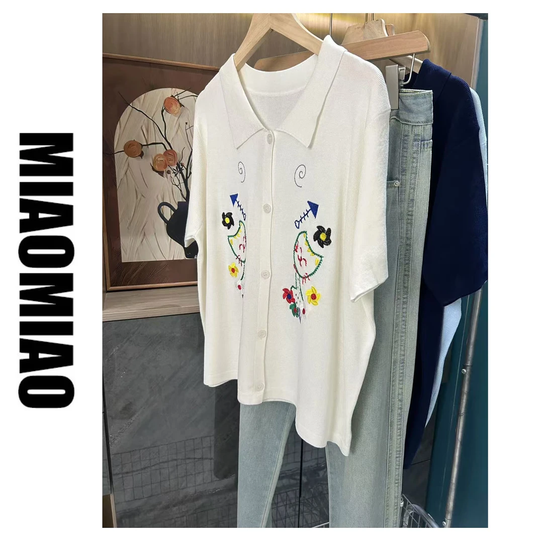 【苗苗】850气质Polo领卡通刺绣针织衫女夏季设计感百搭显瘦上衣