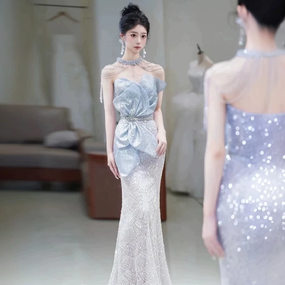 鱼尾抹胸晚礼服裙2025新款宴会气质主持人挂脖新娘敬酒服订婚礼裙