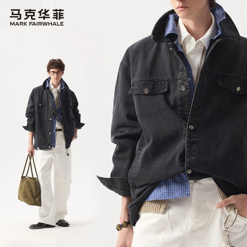 马克华菲潮牌格子假两件拼接牛仔外套男复古宽松潮流百搭小众夹克