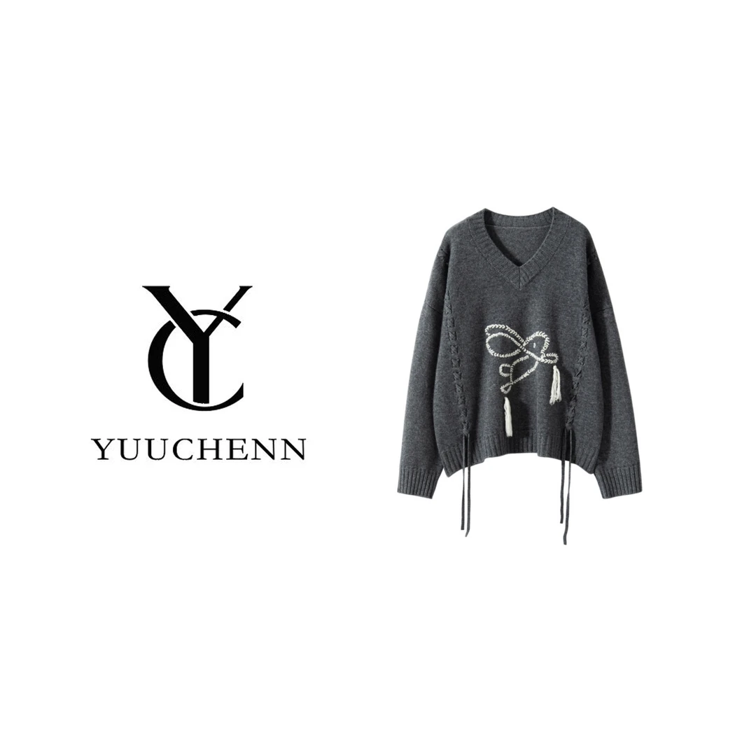 YUUCHENN羊绒手绣兔子V领廓版8177