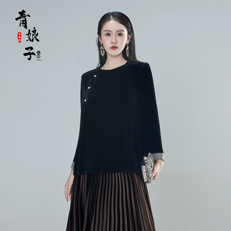 青娘子100真丝丝绒(清风)慵懒风高级感气质时尚百搭套头上衣61333