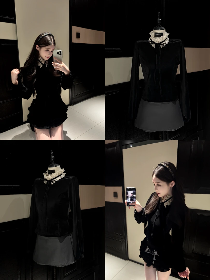 YCCHEN【丝绒巴洛克】法式中古蕾丝可拆卸冬季丝绒上衣/连衣裙