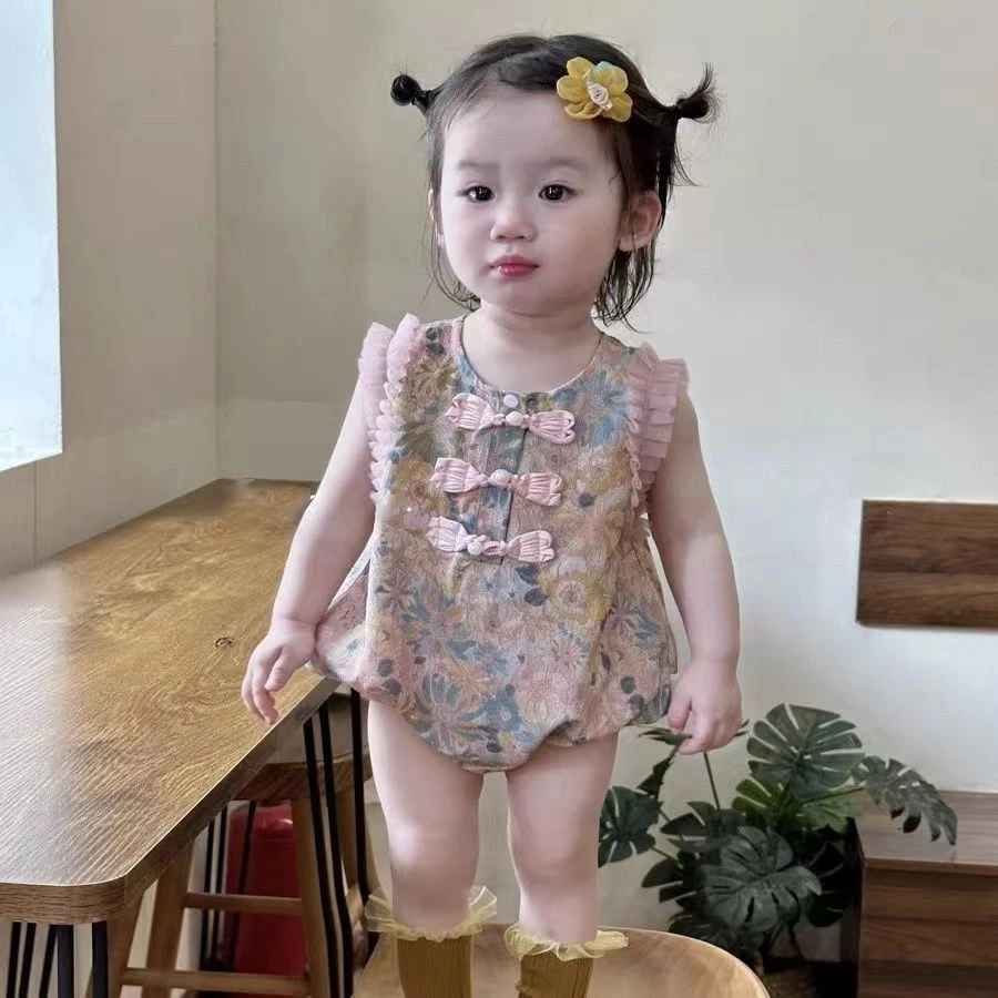 婴儿夏装衣服无袖包屁衣国风女宝宝薄款满月连体哈衣新生儿三角爬