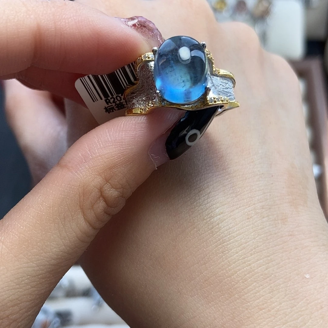 水晶戒指银S925镶嵌橱****子海蓝宝金边