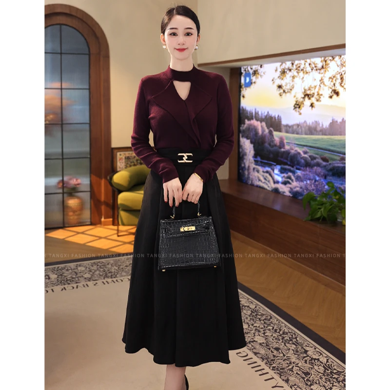 2025秋冬新款【8418】含绵羊毛针织衫镂空拼接红色修身百搭毛衣女