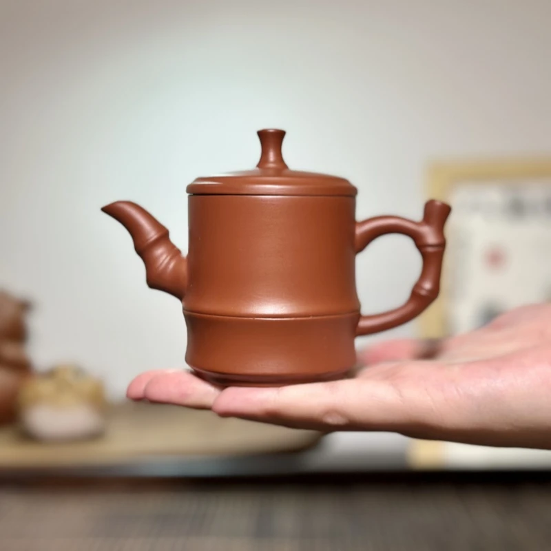 潮州原矿朱泥壶110cc竹节壶全手工手拉壶小容量泡茶壶家用茶壶