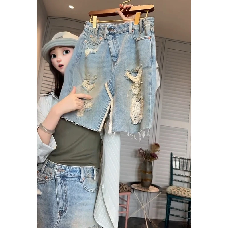 破洞牛仔短裙女士2025年新款夏季爆款裙子显瘦高腰蓝色开叉半身裙