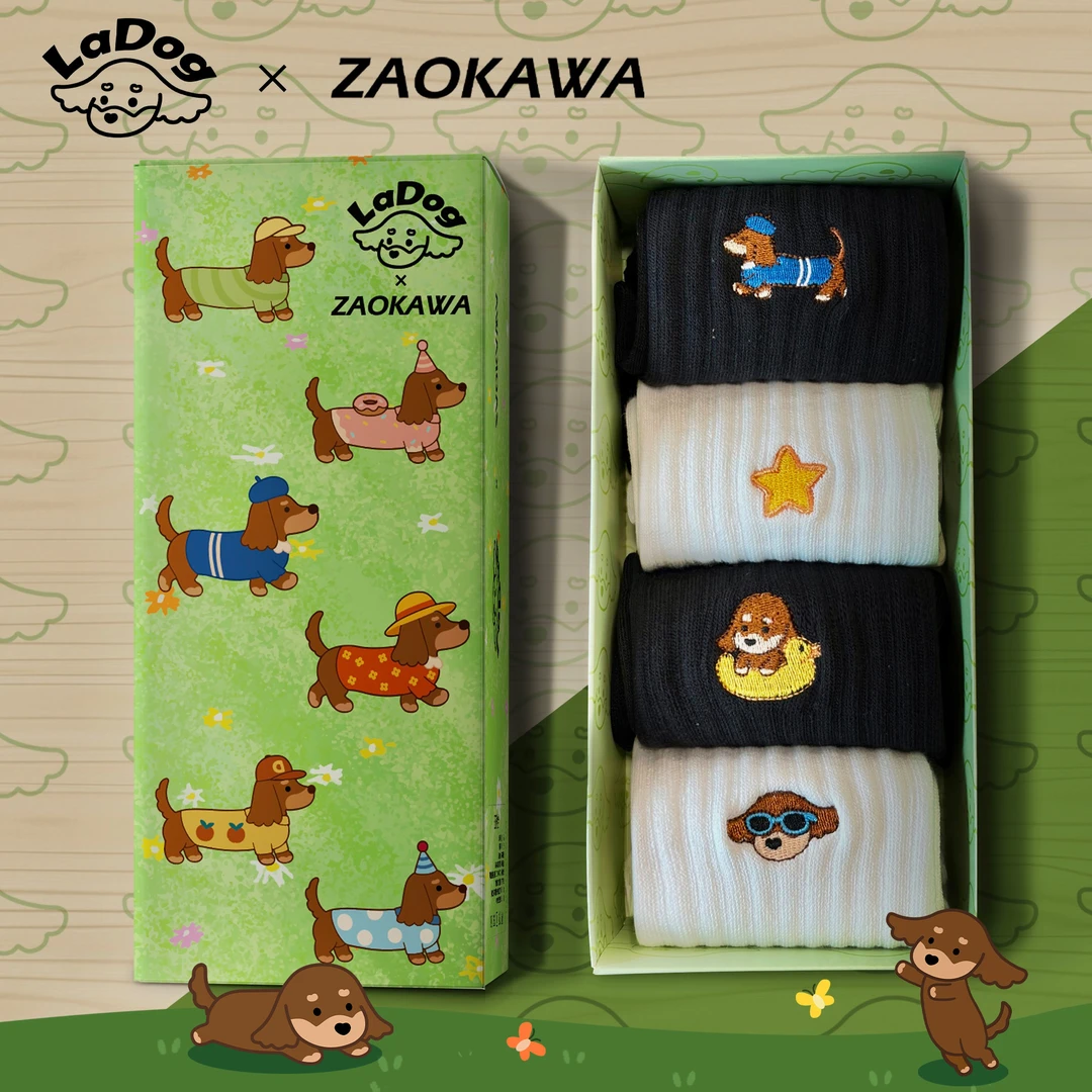 秋冬新品卡通刺绣腊肠狗ins袜2025百搭长绒棉耐穿贴肤无骨中筒袜