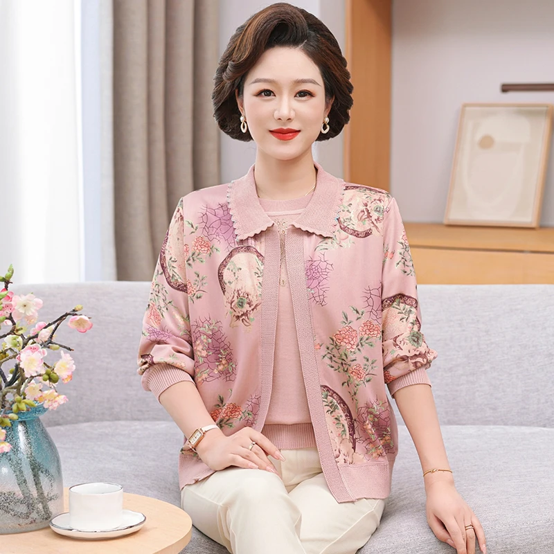 妈妈秋装薄款开衫外套上衣新款T恤小衫中老年女春秋洋气两件套装