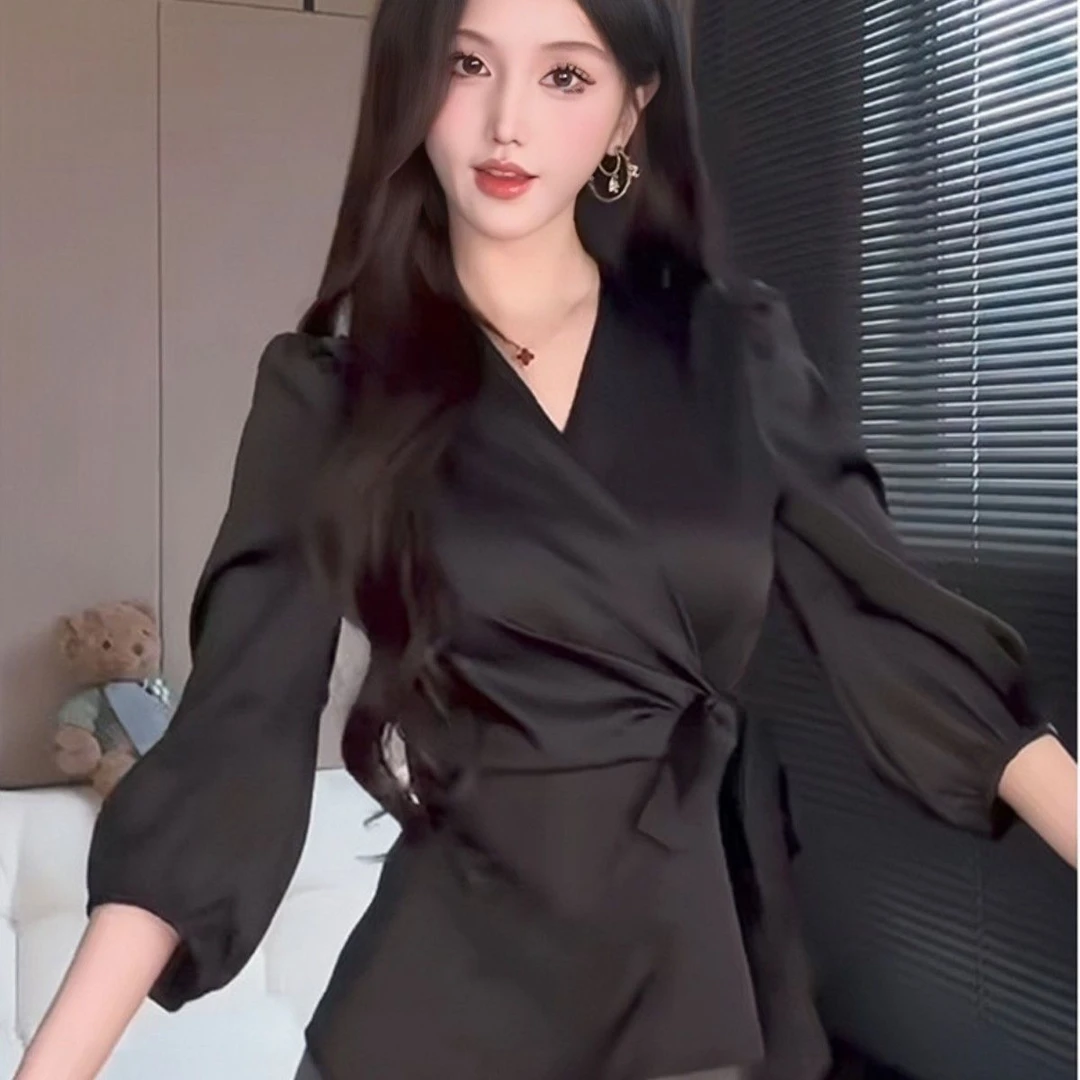 醋酸缎面领衬衫女高级感时尚洋气交叉绑带衬衣成熟御姐上衣