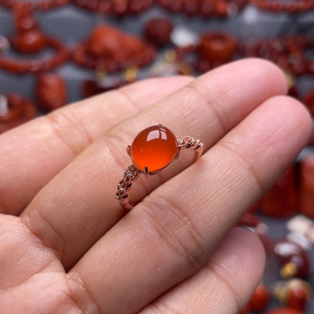 南红玛瑙银S925镶嵌珠宝奇石戒指