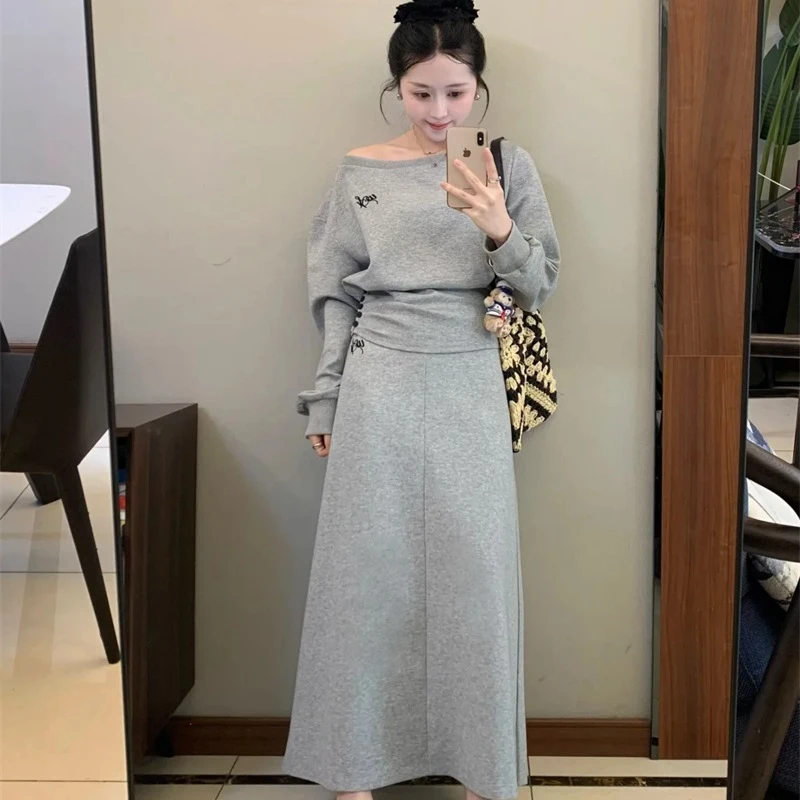 新品亚马逊欧美韩系运动休闲套装女斜领露肩上衣高腰半身裙两件套