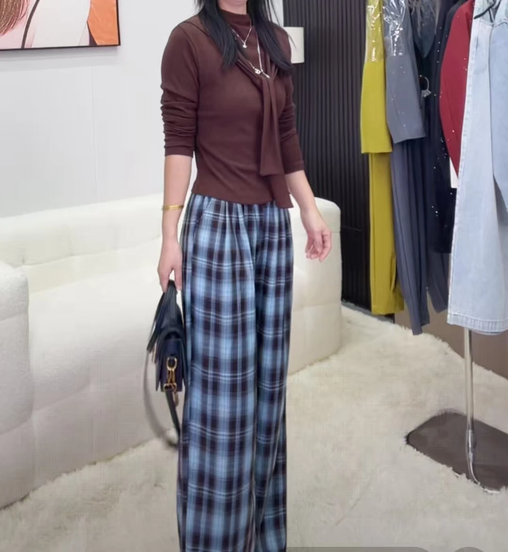 9205衣48裤98无项链秋季新款女士高腰格纹阔腿休闲裤百搭两件套