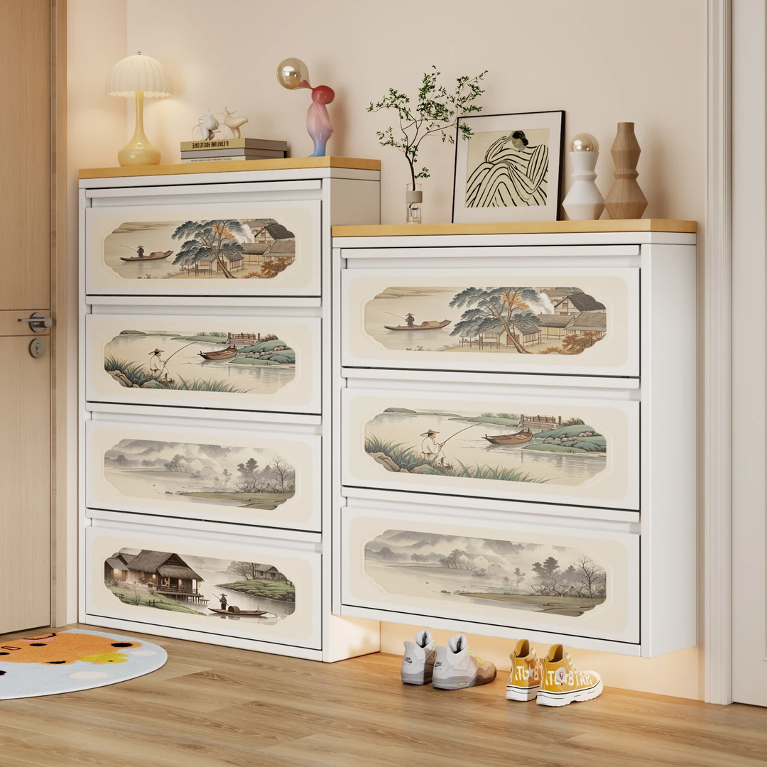 水墨画超薄鞋柜一体柜门口入户柜斗式鞋柜网红翻斗窄柜