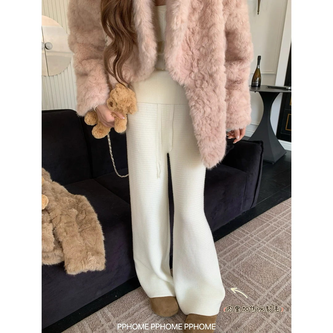 华夫格遛弯裤 防水貂毛针织长裤百搭显瘦小个子休闲裤