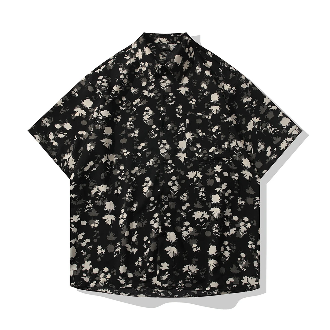 【冰丝上新】小花草印花男夏季短袖衬衫潮流休闲上衣港风复古情侣