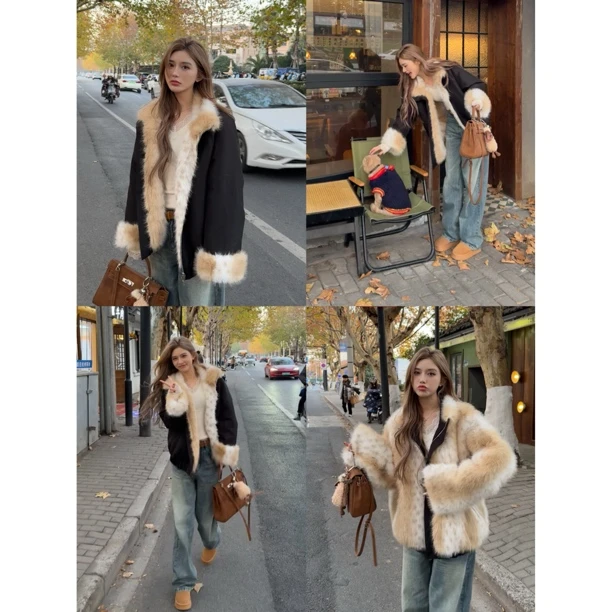 山猫款毛毛外套正反两面穿时髦加厚冬季厚外套