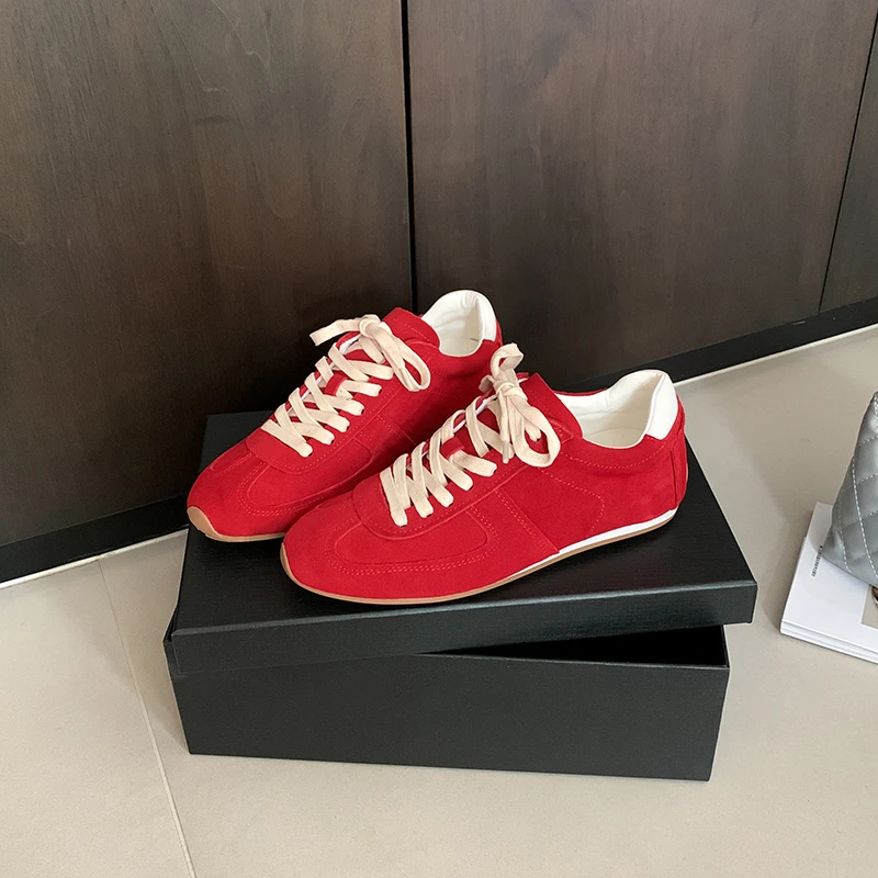 真皮阿甘女鞋复古德训鞋运动鞋韩版百搭平底舒适红色鞋鞋子休闲鞋