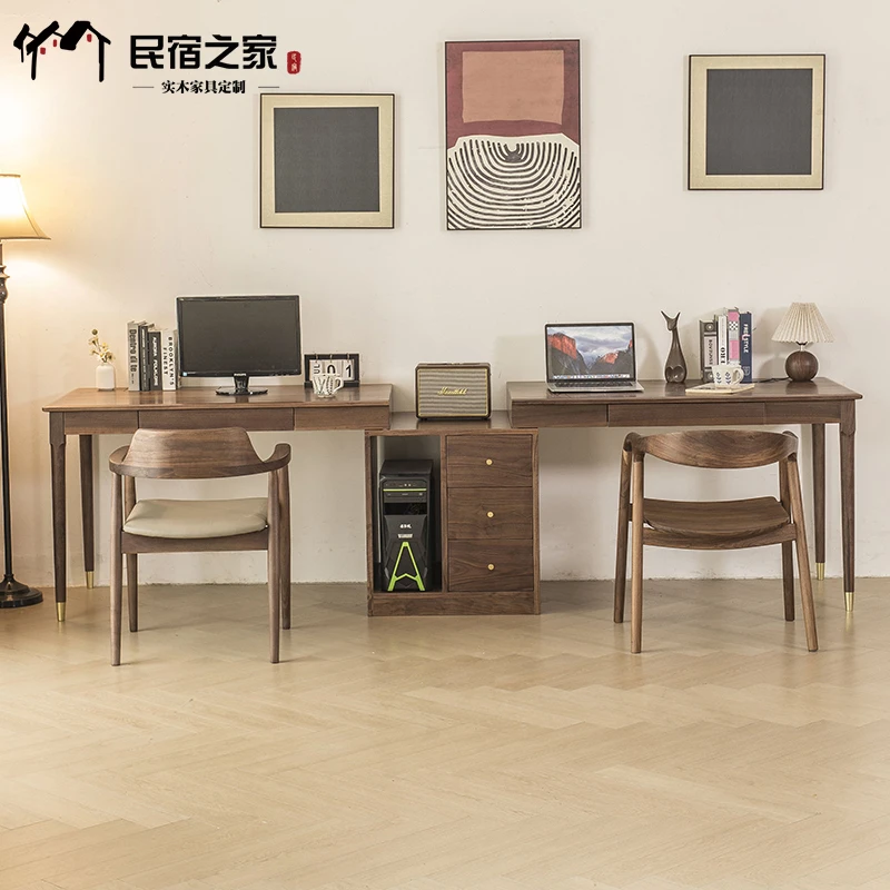 北美黑胡桃原木双人书桌书柜一体学习桌简约实木电脑办公桌