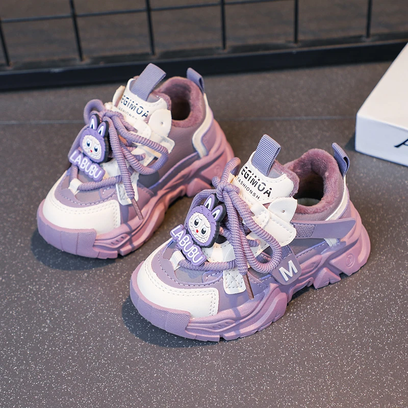 女童老爹鞋秋冬加绒宝宝皮面运动鞋防滑小童休闲鞋保暖男童跑步鞋