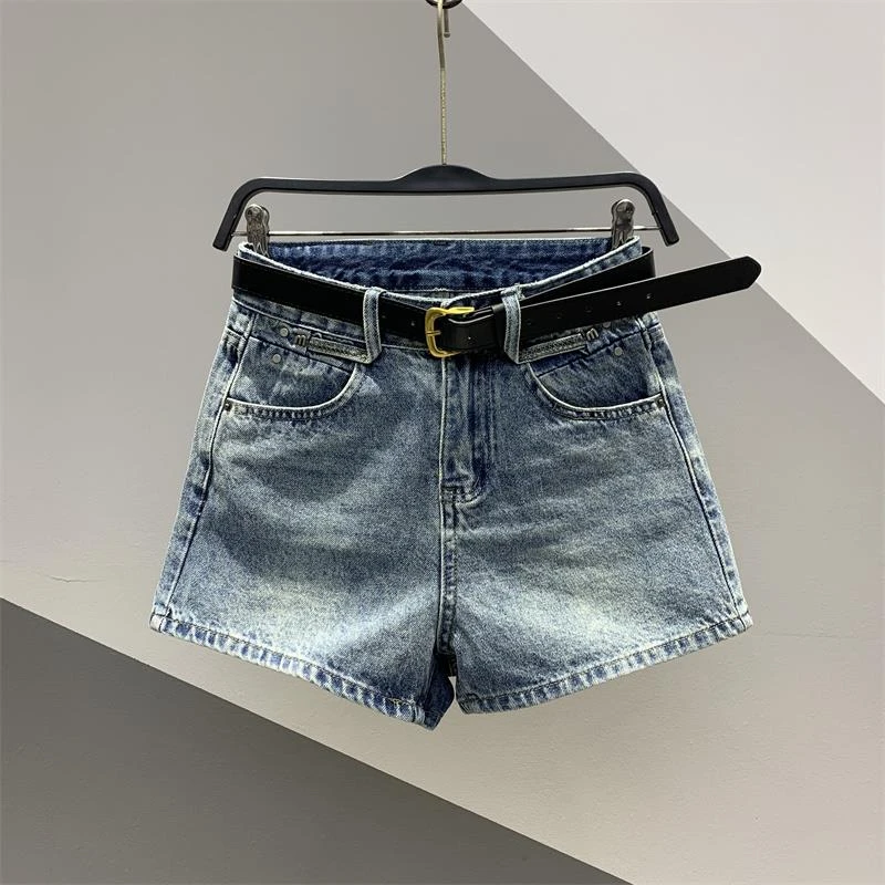 年夏季新款复古做旧水洗高腰牛仔短裤女百搭显瘦字阔腿热裤