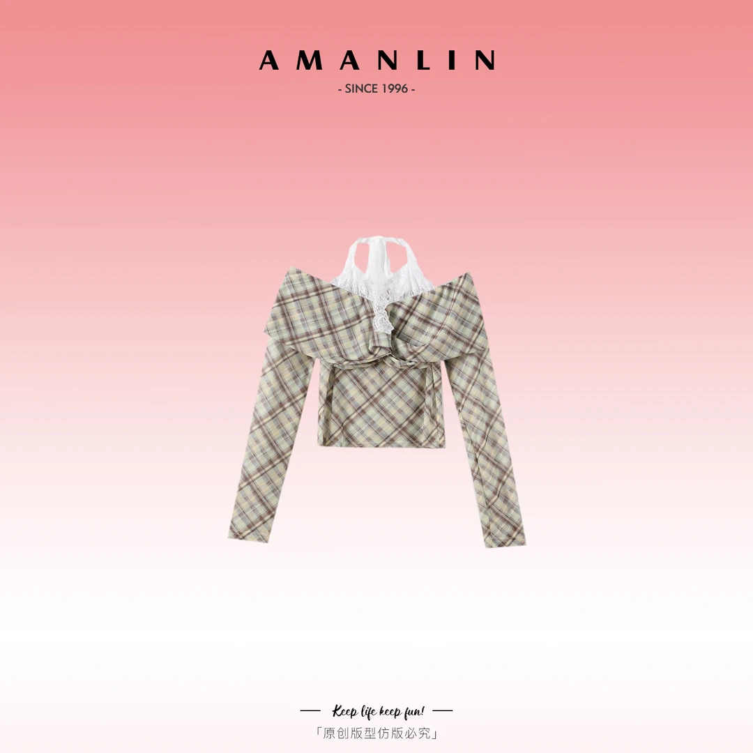 AMANLIN/阿谩琳欧若风显瘦百搭蕾丝挂脖领修身长袖上衣女Y595788