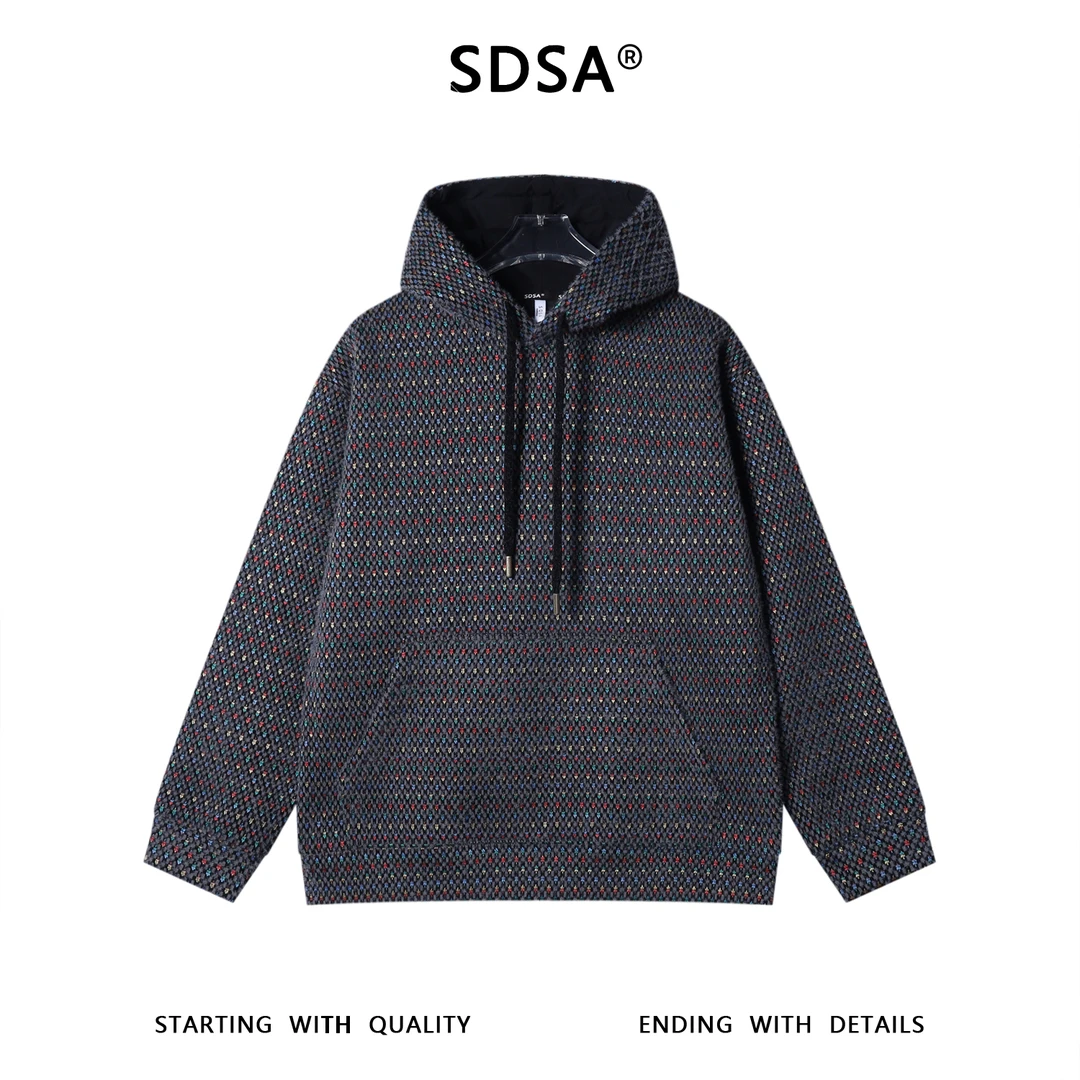 SDSA男士秋冬新款痞帅男装潮牌彩色刺绣条纹绒毛抽绳连帽卫衣百搭