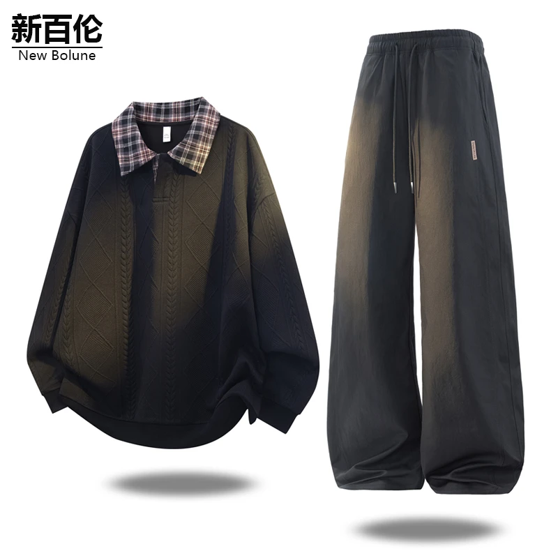 新百伦/NEW BOLUNE美式卫衣休闲裤两件装男秋冬新款日系百搭套装