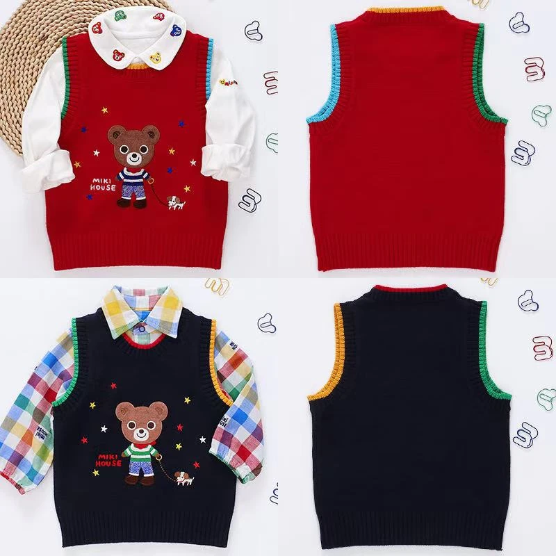 新款儿童秋冬卡通刺绣遛狗熊毛线马甲背心男女童针织外穿坎肩