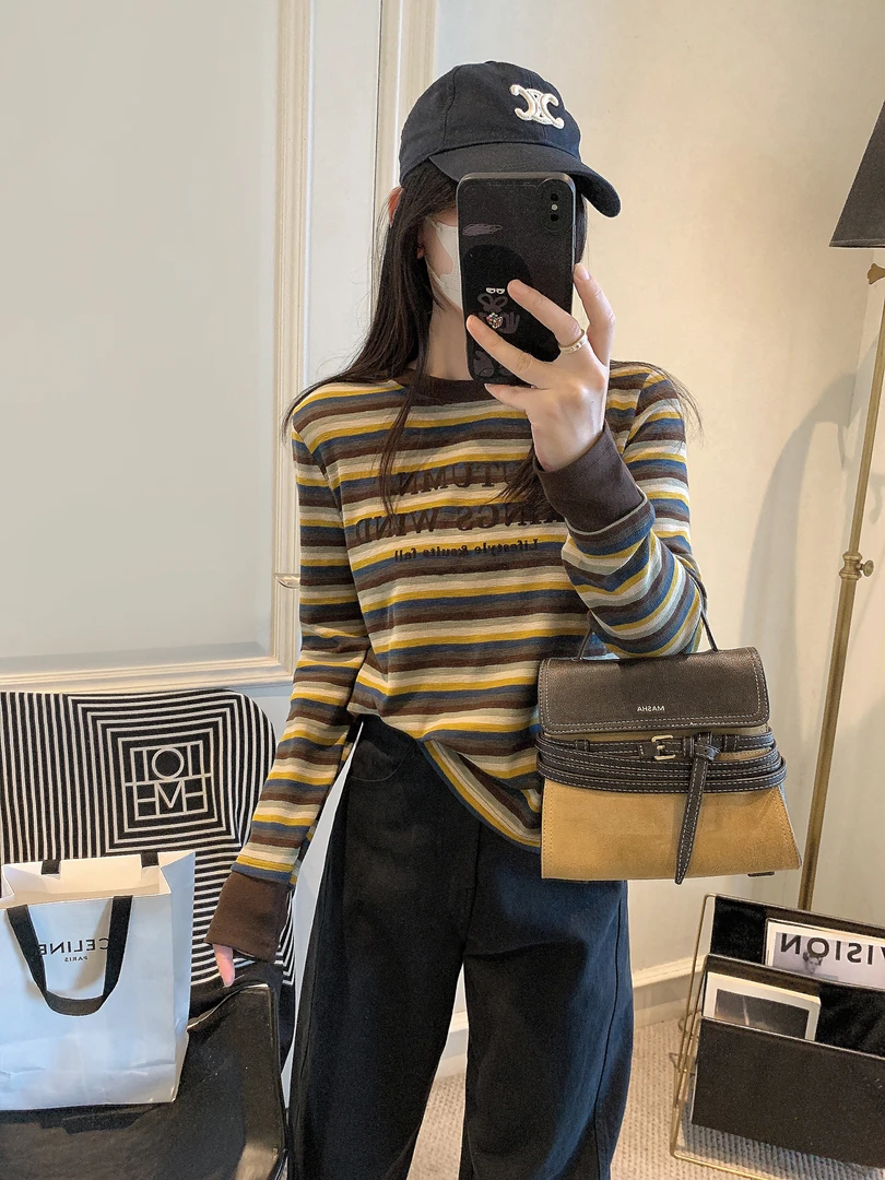 长袖条纹打底衫女秋冬春季新款女韩版时尚撞色拼接圆领t恤上衣女