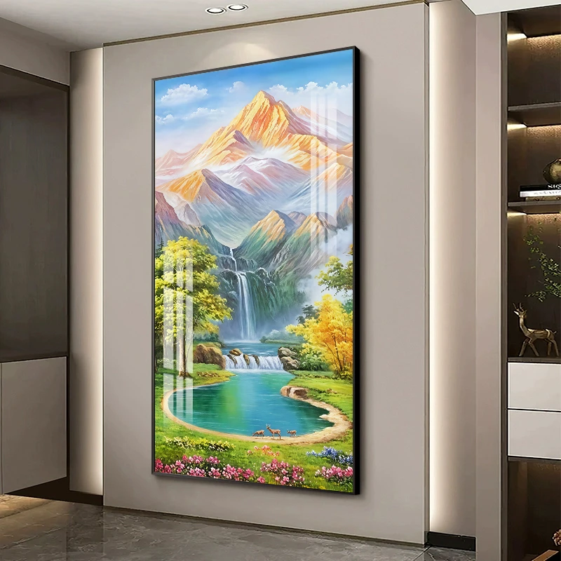 入户玄关风景装饰画油画风格竖版挂画富水金山聚宝盆走廊过道壁画
