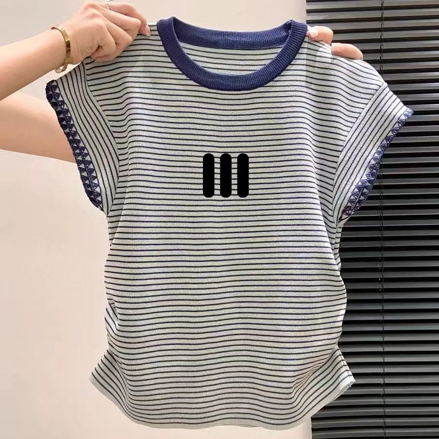 掐腰短袖T恤女夏季美式复古辣妹上衣条纹正肩小飞袖圆领撞色
