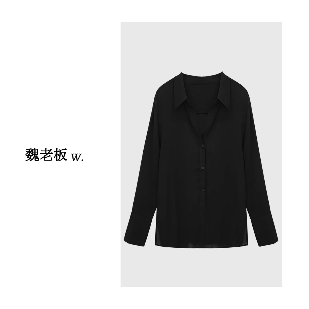 W.Diva【知性】黑色醋酸排扣设计百搭款衬衫洋气衣服女3SDMB1510