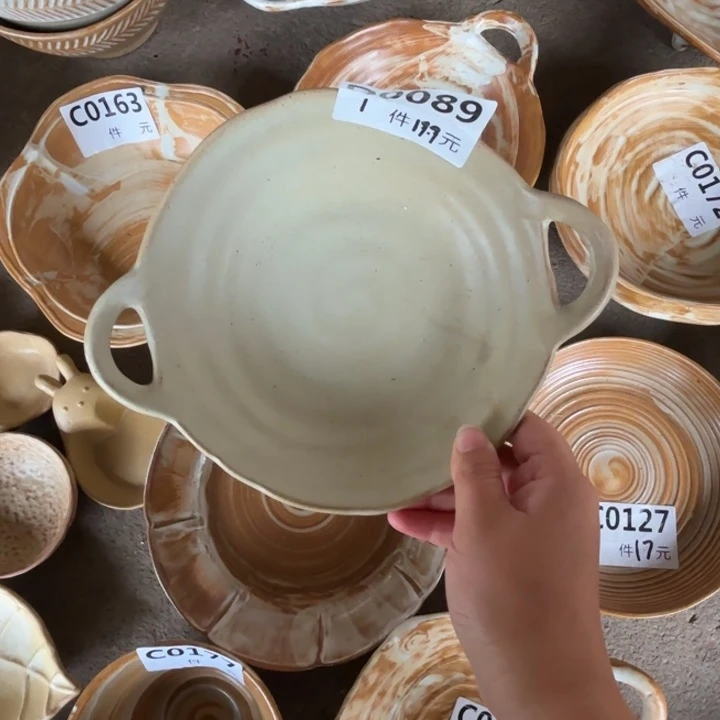 碟089粗陶双耳碗1个装