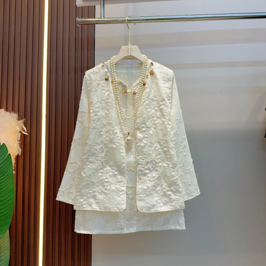 欧洲站2025新中式国风马甲两件套胖mm新中式国风印花马甲圆领衫