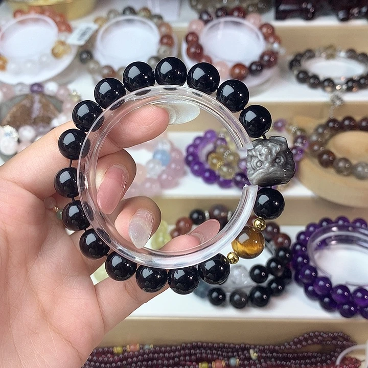 水晶手链未镶嵌黑曜石醒狮手串卡10mm