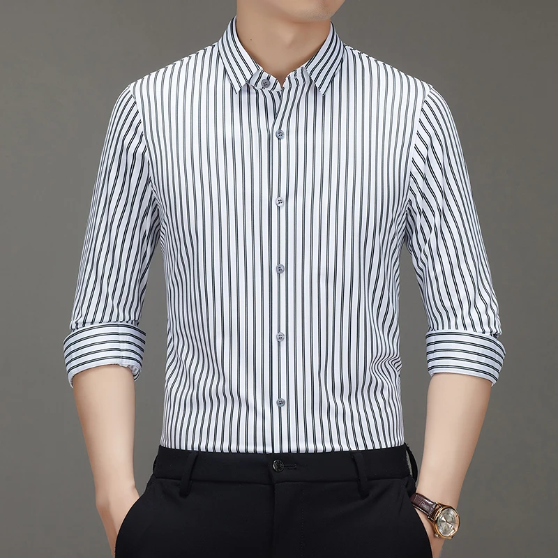 【易打理】衬衫男士长袖高级商务高级休闲条纹灰色衬衣春季修身