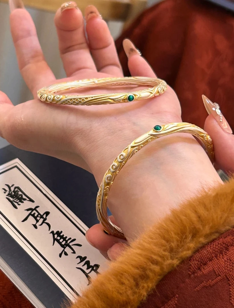 足银手镯 珐琅足银9999哪吒同款乾坤圈新中式描金情侣闭口银手镯