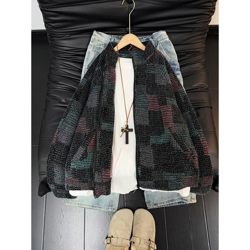 美式复古格子开衫卫衣男款秋冬高级感立领针织外套小香风无帽夹克