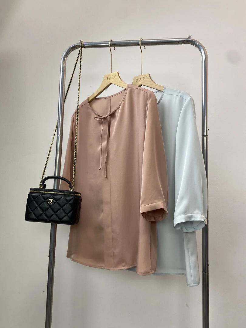 《云天织原创设计》进口聚酯薄款设计感小众圆领系带衬衫