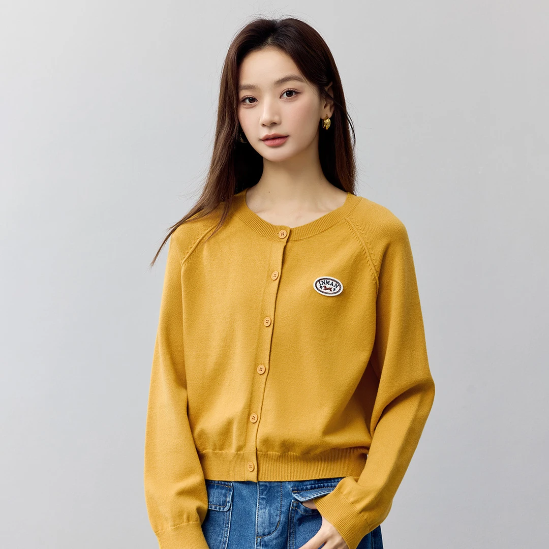 茵曼纯色基础百搭针织开衫女2025春秋款绣章舒适休闲简约毛衣外套