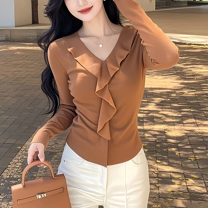 女士V领长袖打底衫2025秋季新款设计感洋气独特别致内搭t恤上衣