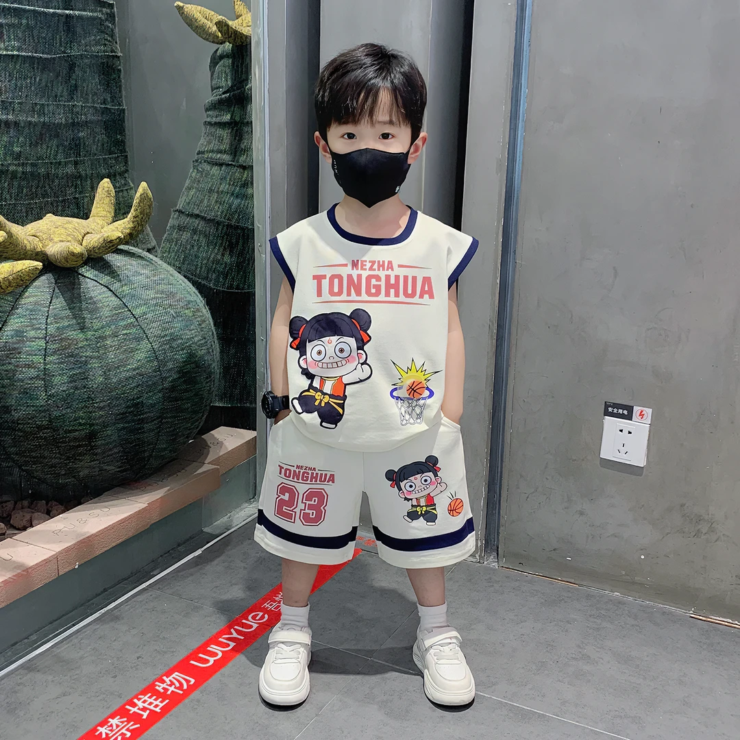 哪吒儿童服装2025新款男童夏套装男宝宝潮酷无袖衣服男孩运动背心