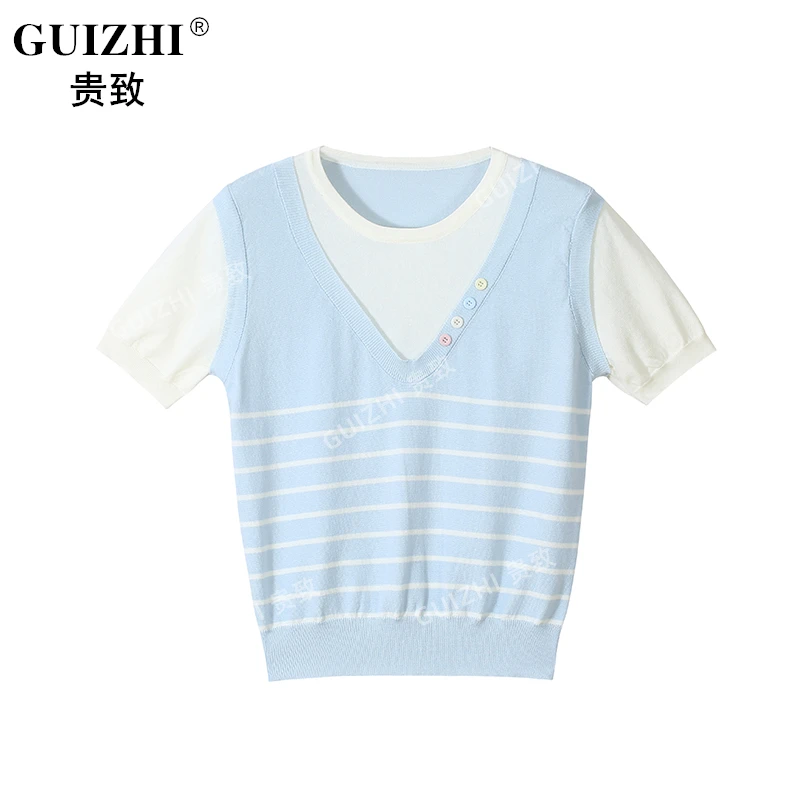 条纹针织假两件短袖t恤女2025夏季新款圆领百搭小衫时尚减龄上衣